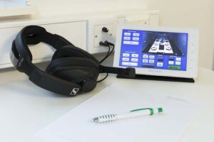 Hörlurar, skärm och papper och penna, verktygen som personalen på Nordic Viewpoint använder.