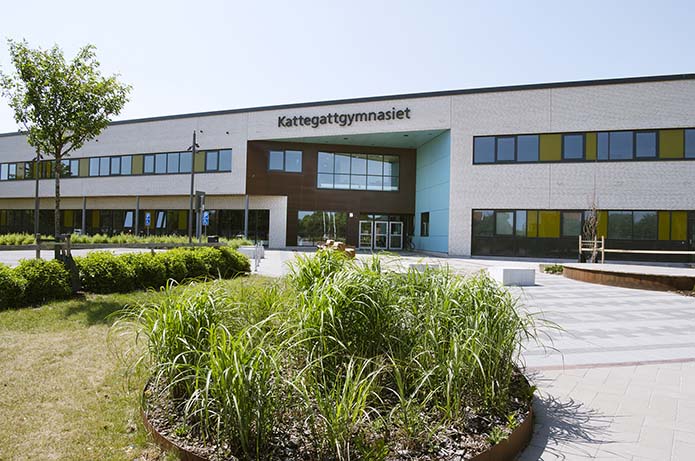 Gården framför entrén till Kattegattgymnasiet i Halmstad. 